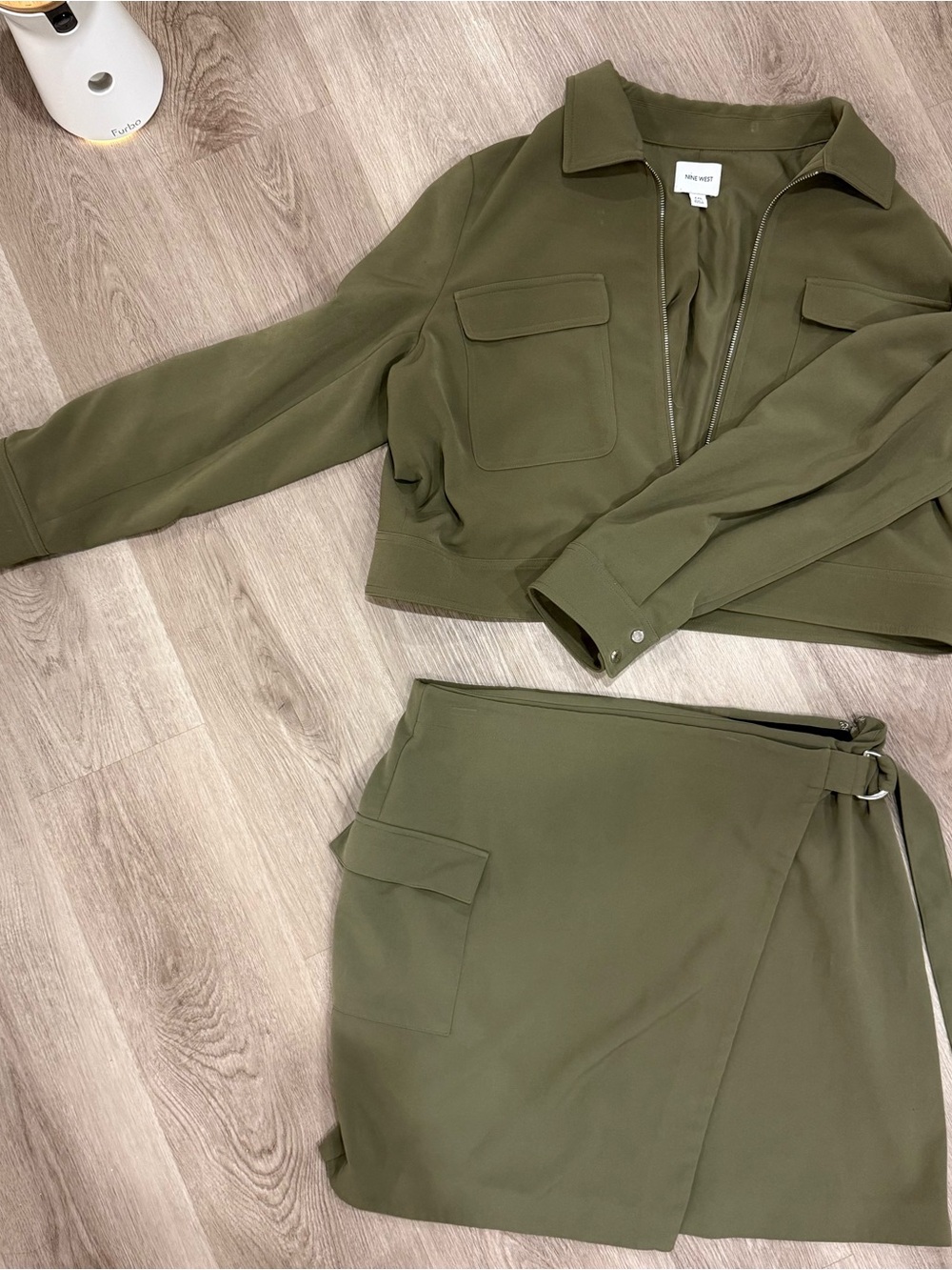 Nine West Olive Green Zip-Front Jacket with Matching Skirt